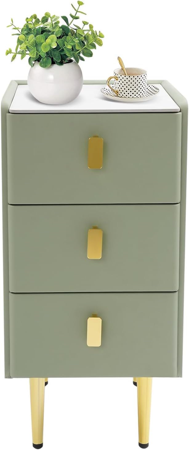 Bedside Table - Narrow 3-Drawer Nightstand, Rock Slab & Leather, Green/Gold