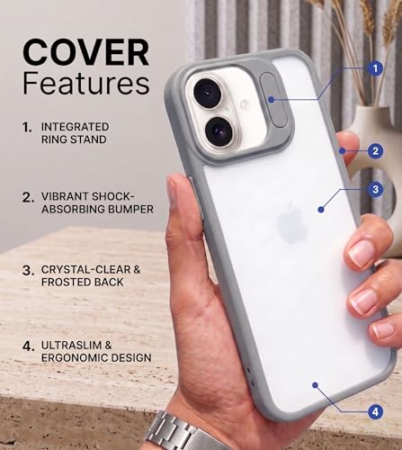 Image of amazon basics Frosted Matte Case for iPhone 17 | Built-in Flip-Out Camera Lens Stand | Translucent Back with Contrast Gray Bumper | Shockproof Protective Cover with Foldable Kickstand