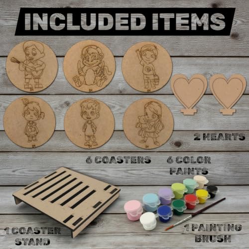 Image of BAGJI TOYS DIY Coaster Painting Kit for Kids & Adults - 6 Pre-Marked Wooden Tea Coasters with Stand, 12 Non-Toxic Water Base Colours & 1 Brush - Mandala Art & Craft DIY Set - Beginner Friendly Painting Craft Kit, Birthday & Gift Activity (MNDD1)