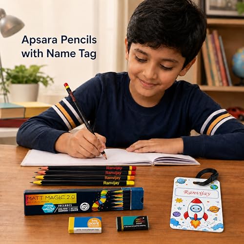 Image of SAVRI Personalized Pencil Set with Name for Kids (10 Pcs) | Customized Name Engraved Pencils with Name Tag, Sharpener & Eraser | Stationery Gift for Boys Girls | Birthday Return Gift for Kids
