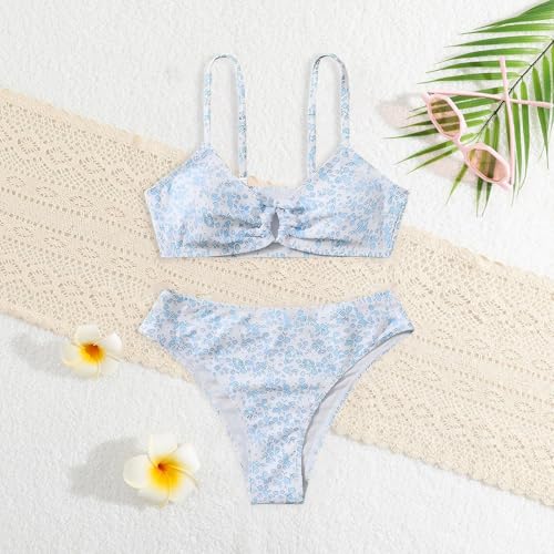 Girls' Swimwear Teens Kids 2 Piece Swimsuits Floral Printed Knot Front Ruched Triangle Bikini Sets Beach Bathing Suit2