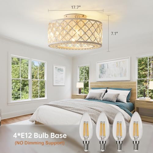 18 Inch Caged Ceiling Fans with Lights, Low Profile Fandelier Ceiling Fan and Remote/APP Control Crystal Fan Light for Bedroom Living Room Dining Room Kitchen Indoor, Including Bulb (Rustic White)