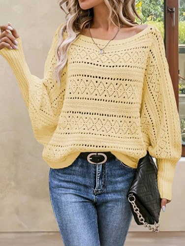 Image of Cakulo Womens Off Shoulder Crochet Sweater Top 2025 Fall Fashion Batwing Long Sleeve Sweaters Outfits Yellow XL