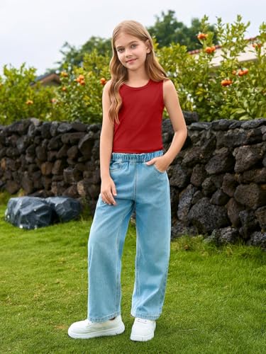 Image of Haloumoning Girls Tank Tops Kids Athletic Ribbed Knit Sleeveless Crop Tops Basic Camisole 5-14 Years