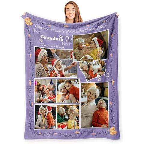 HDDNUI Personalized Blanket for Grandma from Grandkids Granddaughter Grandson Custom Picture Blankets with 8 Photos Text Birthday Mothers Day Customized Gifts for Grandma Women Cover