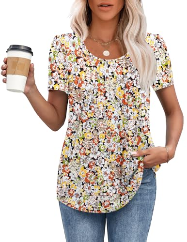 MOLERANI T Shirts for Women UK Round Neck Loose Casual Puff Short Sleeve Summer Tee Tops Front Pleated T Shirt Orange Yellow Florals L