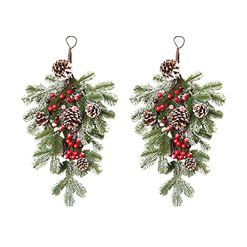 Firlar 2PCS Christmas Swag Artificial Christmas Teardrop Door Swag Decorations with Berry, Pine Pine-Cone Bow and Ball Swag Wreath Garland for Christmas Holiday Wall Door Hanging Decor