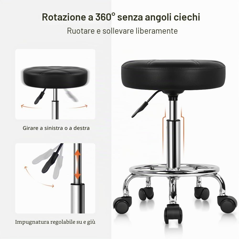 KKTONER Sgabello Rotondo con Ruote Regolabile, Sedia da Lavoro Imbottita con Cuscino in Pelle, Piccolo e Confortevole, per Casa, Parrucchiere, Ufficio, Studio Nero