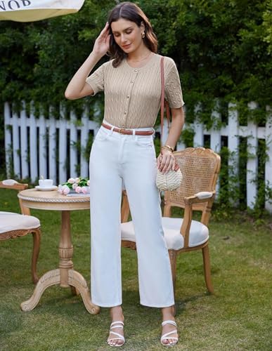 Image of GRACE KARIN Women's Short Sleeve Sweater Summer Open Front Cable Knit Cardigan Crewneck Button Up Knit Cardigans Jacket L Apricot