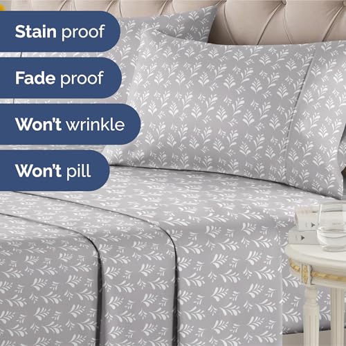 Image of Queen 4 Piece Floral Sheet Set - Soft, Breathable & Cooling - Gray Sprig