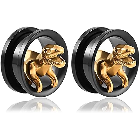DOEARKO 2 PCS Ear Gauges Gold Dinosaur Ear Plugs Body Piercing Tunnels 316 Stainless Steel Hypoallergenic Earrings Plugs for Ears Expander Body Jewelry, 16mm(5/8"), Stainless Steel, stainless steel Cover