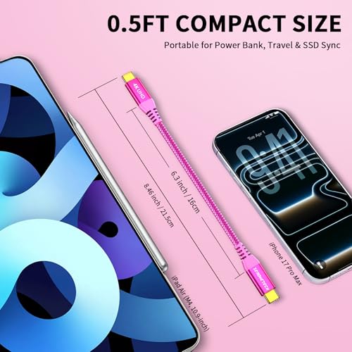 Image of ZeroneTeck USB C Monitor Cable [0.5ft,Pink], 20Gbps High-Speed Data Transfer, 4K@60Hz Display Video Output, USB 3.2 Gen 2x2 100W Charging for iPhone 17,MacBook,iPad,Dell,HP,KYY,ARZOPA,Portable Monitor