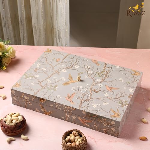 Image of Riwaz Elite Flying Bird & Floral Design Dry Fruit Gift Box | 6 Compartment Assorted Nuts (Almonds, Cashews, Pistachios, Walnuts, Apricots & Raisins) | Luxury Healthy Gifting Hamper for Diwali, Wedding & Corporate Celebrations (600g)