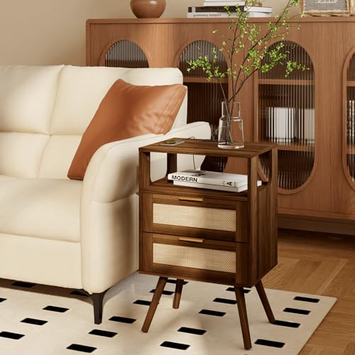 Image of JOONEE Rattan Nightstand with Charging Station,Farmhouse Bedside Table with 2 Storage Drawer and Open Wood Shelf, for Bedroom and Small Spaces,Night Stand with Solid Wood Legs (Walnut Brown-Outlet)