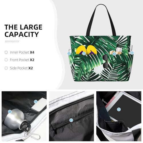 Tropical Palm Banana Leaves Print Waterproof Beach Bag For Womentote Bag Zipper And Pockets For Travel Vacation3