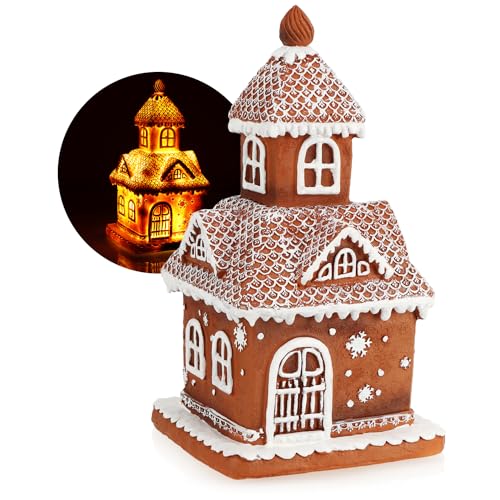 com-four® Casa de luz con Aspecto de Pan de Jengibre 25 cm - Casa de Pan de Jengibre con iluminación - Decoración navideña con iluminación temporizada - navideña (1x Iglesia de Pan de Jengibre)