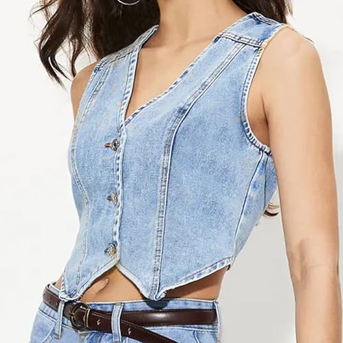 Women Sleeveless Denim Vest V Neck Button Down Crop Jean Waistcoat Summer Going Out Tops Vests Casual Streetwear2
