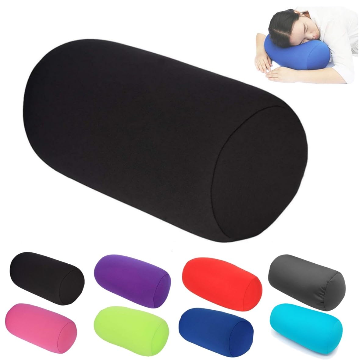 Tube Microbead Bolster Pillow 2025 Travel Essentials Body Cushion Cylinder Bean Bag Throw Pillow Neck Arm Back Support for Plane Car Travel Office Home Sleeping neck pillows (Black)