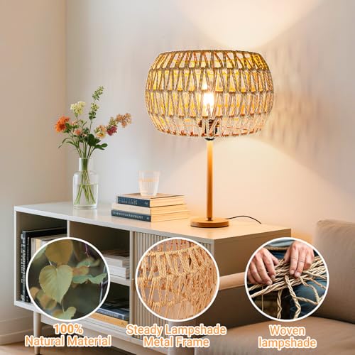 Image of Hanging Light Lamp Shades Boho Rattan Lamp Shades, Woven LampShades for Floor Lamps Rattan Pendant Lights Boho Lamp Ceiling Light, Table Lamps, Plug in Pendant Light