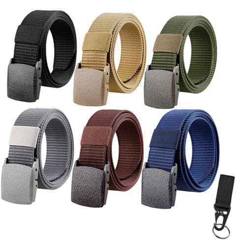 6 Pack Nylon Belts for Men Women Tactical Work Plastic Buckle Metal Free Casual Hiking