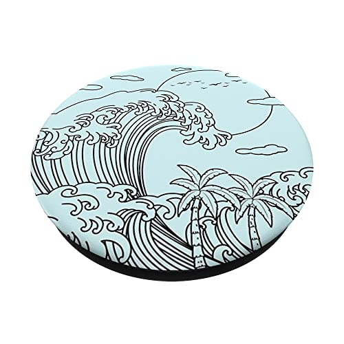 Coconut Girl Aesthetic Summer Beach Great Wave Off Kanagawa PopSockets Swappable PopGrip, Black - Image 2