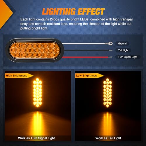 Image of Nilight 6 inch Oval Trailer Tail Light 2PCS Amber 24LED Turn Signal Lights