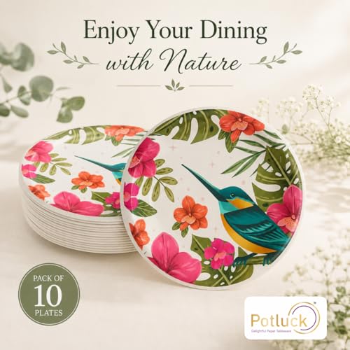 Image of Potluck Floral Humming Disposable Paper Plates, 9 Inch Food Grade Tableware for Parties, Events, Snacks & Meal Serving Pack