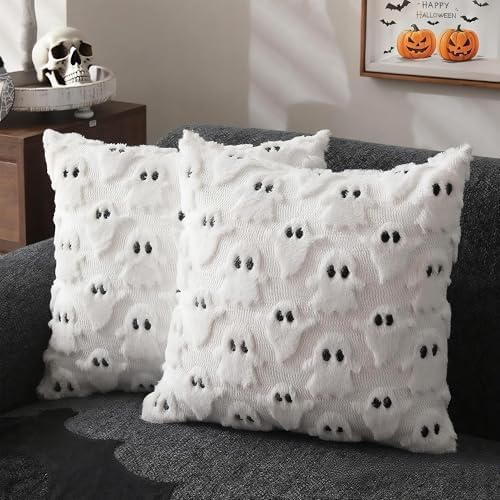 Set of 2 Halloween Pillow Covers 18x18 inch White Ghost Throw Pillow Cases Soft Plush Faux Fur Wool Couch Cushion Case for Chair Sofa Bedroom Living Room Home Decor(White)