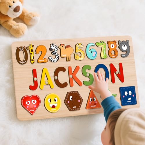 Image of Name Puzzles for Toddlers Boy and Girl, Personalized Wooden Shapes Puzzles for Toddlers 1-3, Educational Toys, Customized Baby Gifts, 1 Year Old Girl Gifts