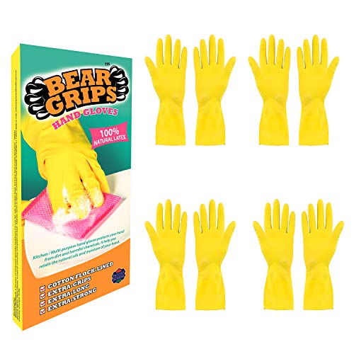 BEAR GRIPS Reusable 100% Natural Latex Rubber Dish Washing Gloves, Cleaning Gloves, Pet Grooming, gardening, Great for Washing Dish, kitchen, Car and Bathroom (Medium, Yellow, 4 Pair)