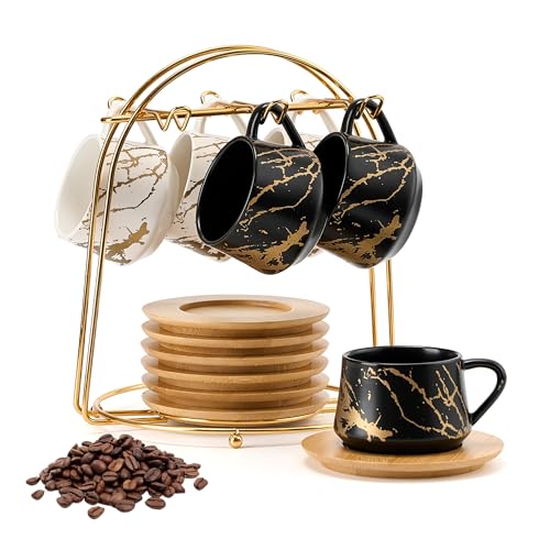 PORCER 6×130 ml (4,4 oz) Keramik-Kaffeetassen & Holzuntertassen mit goldenem Metallständer, stapelbare Cappuccino-, Espressotassen für Spezialitäten-Kaffeegetränke, Latte, Americano, Tee - Elegantes