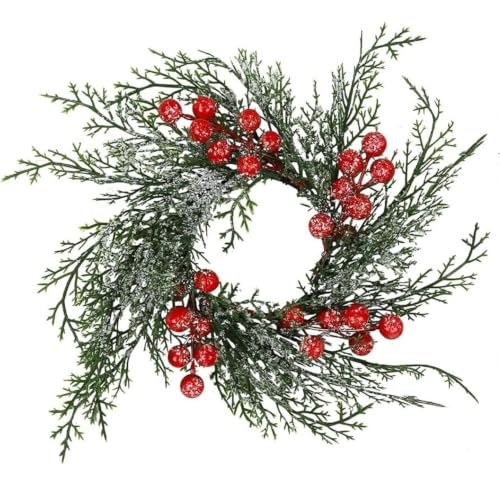 1 Pcs Candle Wreath, Christmas Table Decor, Snowy Red Berry Wreath Set - image 1