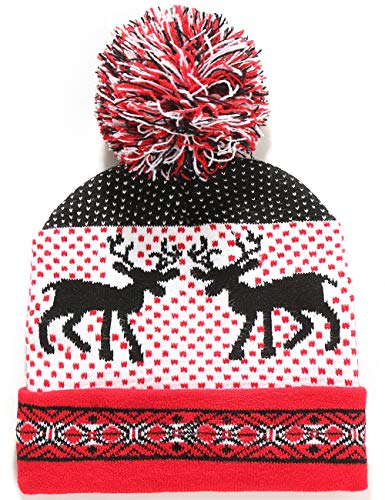 SSLR Youth Big Kids Pompom Beanie Hat Holiday Cuffed Knitted Cap Ugly Christmas Beanie Hat (One Size, Red White Black)