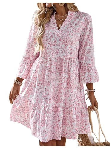 SOLY HUX Women's Summer Floral Smocked Dresses V Neck 3/4 Sleeve Flowy Boho Beach Short Dress