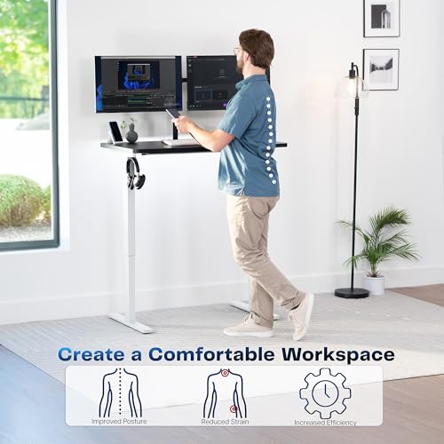 Image of VIVO Black 43 x 24 in Standing Desk, DESK-KIT-1W4B | Electric, Holds 220 lbs, Sit Stand, Height Adjustable, Solid One-Piece Table Top, Memory Presets, 1B Series, White Frame
