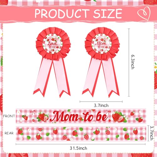Image of Strawberry Baby Shower Decorations - 3 Pcs Berry Sweet is on The Way Mom and Dad to Be Sash Badge Pins Sets for Girl Pink Gender Reveal Party Maternity Corsage Belly Belt Keepsake Supplies