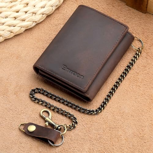 Image of Trifold Chain Wallets for Men, Genuine Leather Wallet RFID Blocking Anti-Theft Chain for Biker, Motorcycle