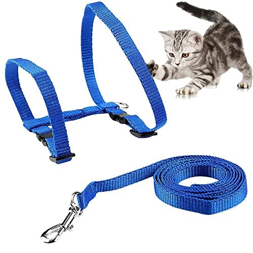 Image of Cat & Small Pet Nylon Strap Collar with Adjustable Walking Harness Leash Pet Walking for Kitten- Plain (Blue)