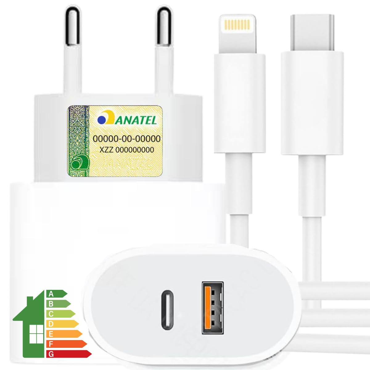 Carregador Turbo 40w Para iPhone, Cabo+Fonte Entrada Dupla Carregador Rápido, Compatível c/iPhone X Xr SE 11 12 13 14 Excellence Premium Duo.