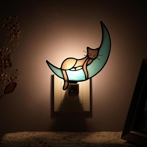 Miniatura 7 de BOXCASA Luz nocturna de gato blanca con bombilla, lámpara de gato de vidrieras, luces nocturnas amarillas cálidas enchufables a la pared para sala