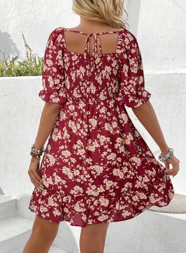 Image of Dokotoo Womens Casual Summer Dresses Short Sleeve Square Neck Smocked Boho Floral Sundress Flowy A-Line Mini Dress