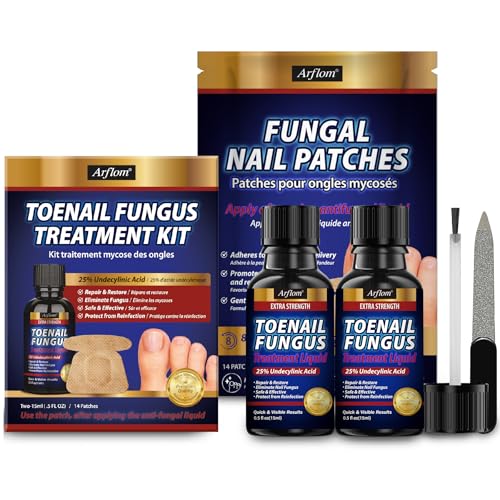 Arflom Toenail Fungus Treatment Kit: 2 Pcs Extra Strength 25% Undecylenic Acid Solution & 14 Fungal Nail Renewal Patches - for Toe Nail & Fingernail with Tea Tree Oil (0.51 Fl Oz (Pack of 2))
