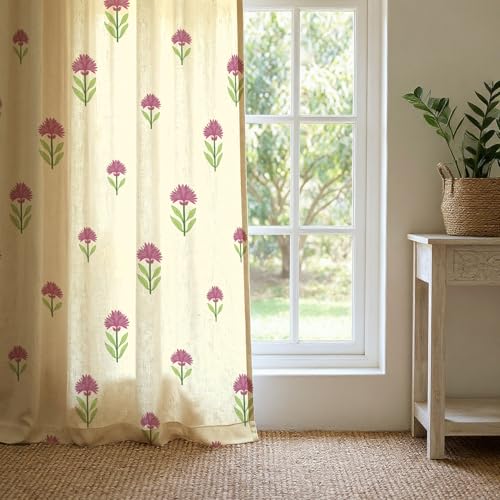 Image of Urban Space 100% Cotton Floral Curtains 7 feet Long Set of 2, 60-65% Room Darkening, Decorative Curtains with Eyelets /Rings for Hanging, Tieback Included (Aster Pink, Door - 7 Feet)
