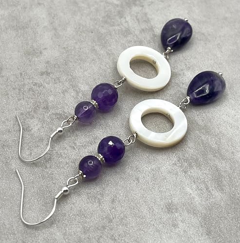 Boucles d'oreilles améthyste nacre argent cadeau femme idéal