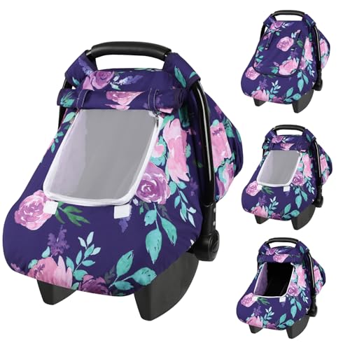 Image of Windproof Baby Car Seat Cover, 3D Mink Dot Infant Car Seat Canopy with Breathable Mesh Window, Baby Carrier Cover for All Seasons, Easy Access Carseat Carrier Snug Fit Infant Stroller(Purple Flower)