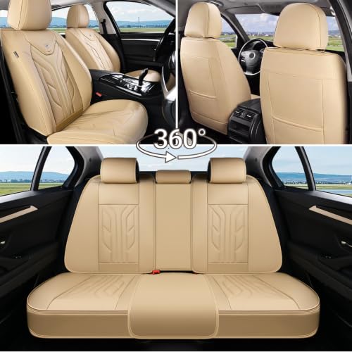 Image of Coverado Car Seat Covers Full Set, Automotive Seat Covers Car Seat Protector Car Seat Cushion, Waterproof Leather Seat Covers for Cars, Universal Fit for Most Sedans SUV Pick-up Truck(Beige)