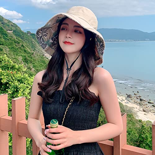 Huamulan Summer Sun Hat For Women,Metal Wired Edge, Reversible Wide Brim Cotton Blend Boho Beach Hat With Floral & Solid Color Design, Windproof Chin Cord String - Perfect For Travel & Vacation #TOP4