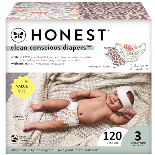 Image of The Honest Company Clean Conscious Diapers | Plant-Based, Sustainable | Wild Thang + Flower Power | Super Club Box, Size 3 (16-28 lbs), 120 Count