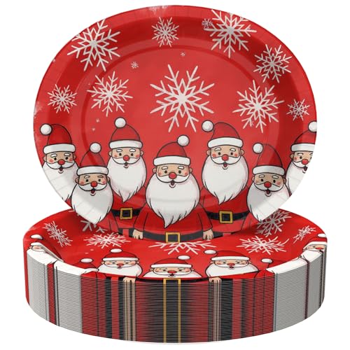 Tbsone 50-Count Christmas Disposable Paper Plates: Large Oval Heavy-Duty Dinnerware Set for Xmas Party Supplies and Holiday Dinner Table Decorations, 10.2 × 12.6 Inch (Santa and Snowflakes)
