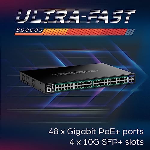 Image of TRENDnet 52-Port Gigabit Web Smart PoE+ Switch with 10G SFP+ Ports, TPE-3524SF, 48 x Gigabit PoE+ Ports, 4 x 10G SFP+ Ports, 740W PoE Power Budget, Lifetime Protection, Black
